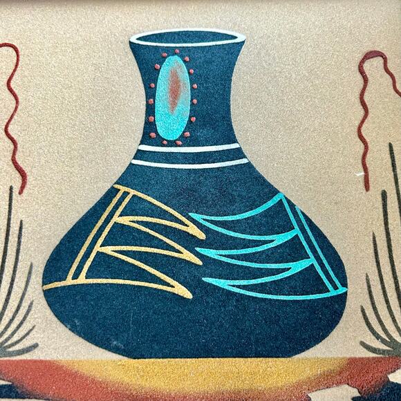 Vintage Navajo Framed Sand Art Painting of Beautiful Pottery - Picture 9 of 16